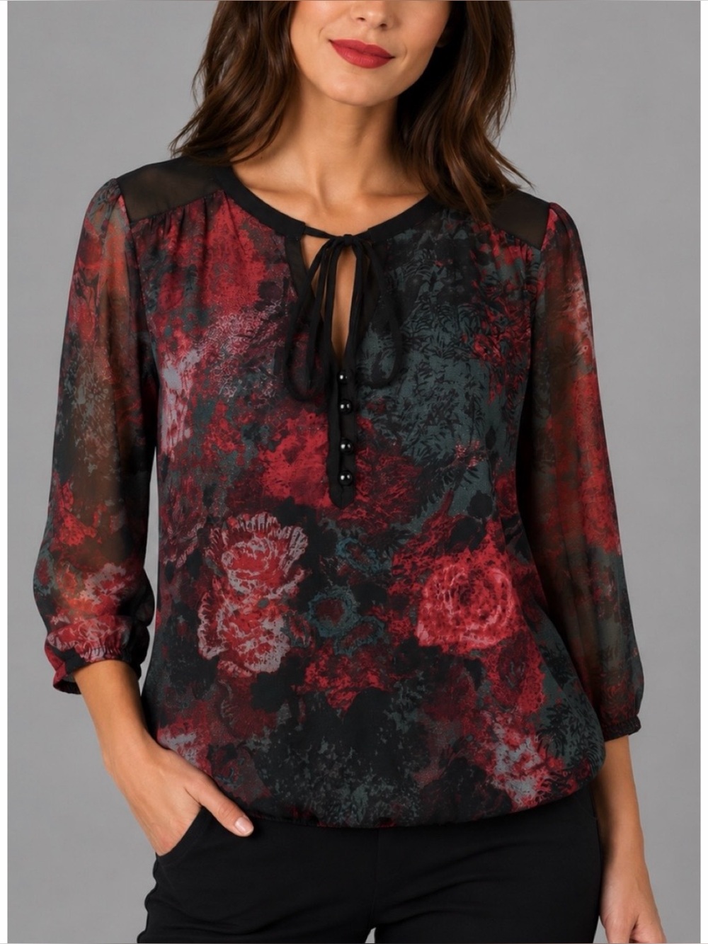 LILY ROSE • Black/Red Floral Print Semi-Sheer Tie-Neck Peasant Blouse, S